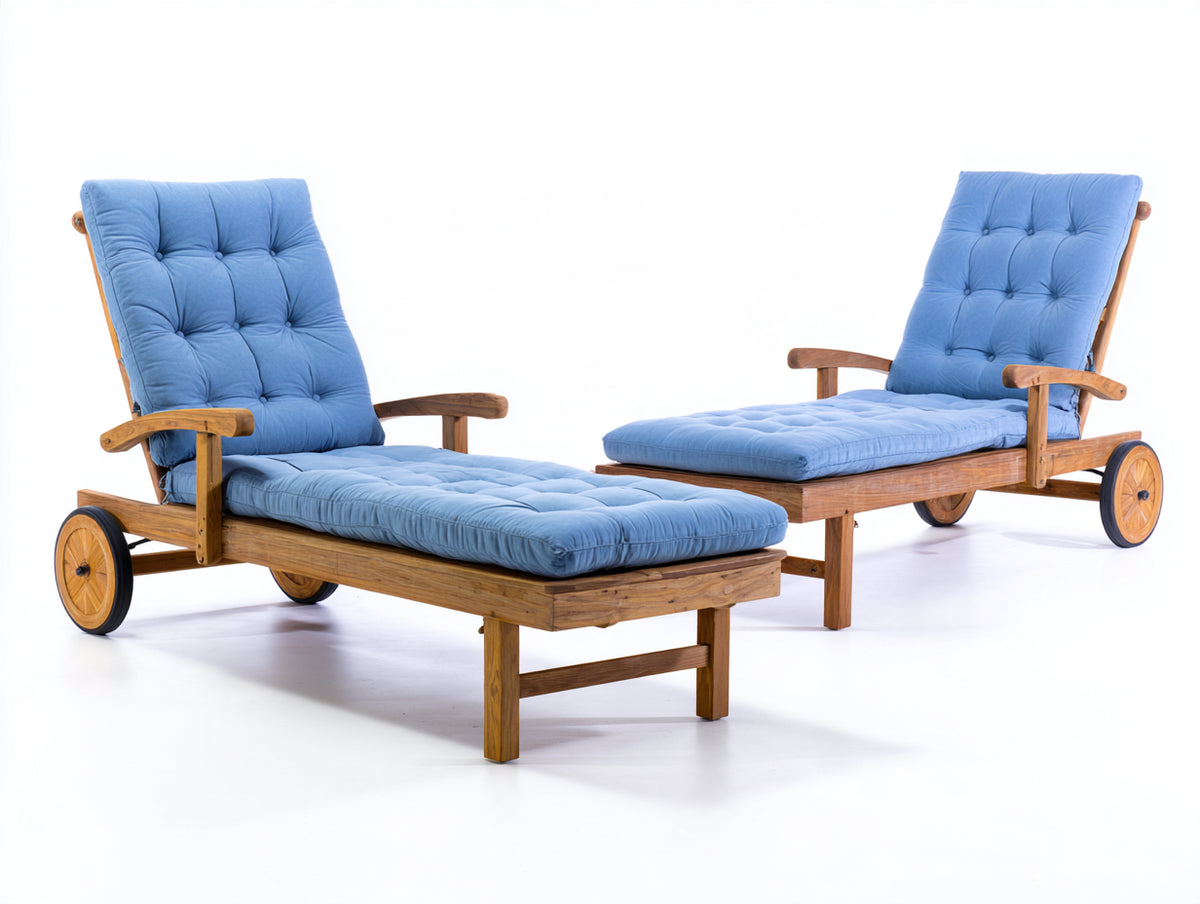 Tumbonas de madera 200x75x95 cm - marrón y azul claro - respaldo reclinable con ruedas - set de 2 para jardín y terraza