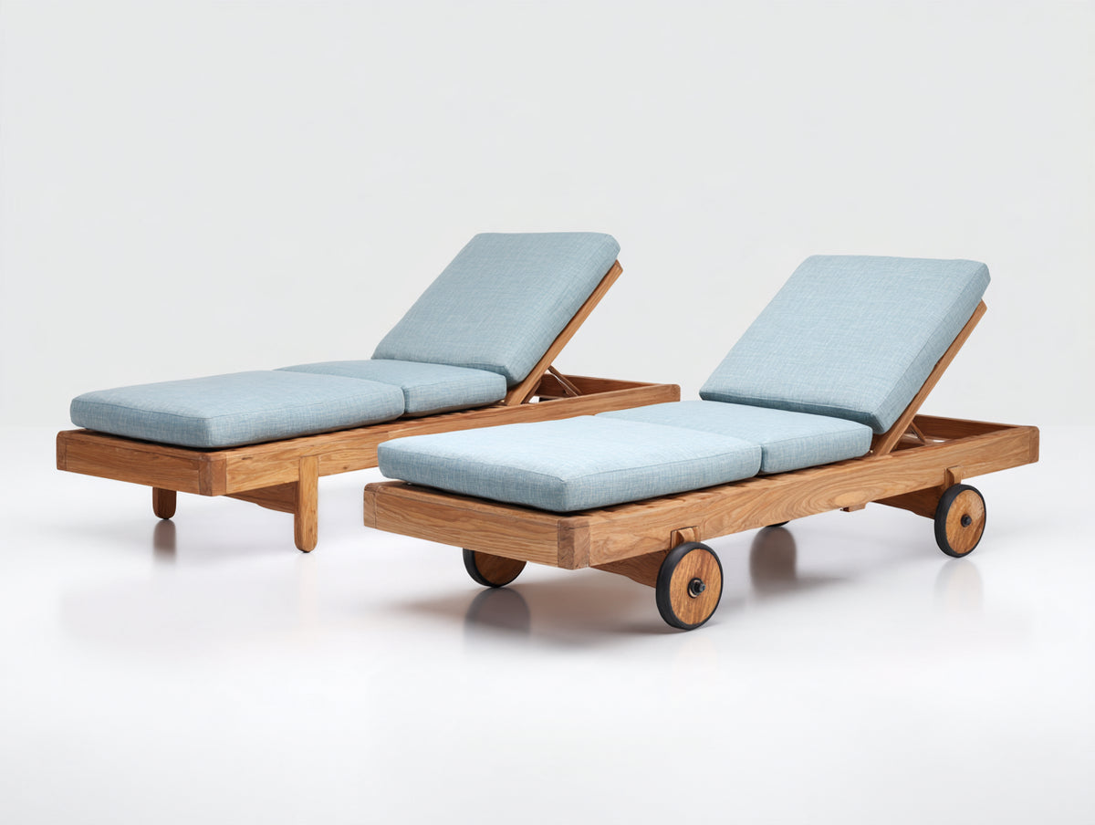 Tumbonas de madera 200x72x90 cm - Madera natural y azul claro - Juego de 2 unidades con respaldo reclinable y ruedas