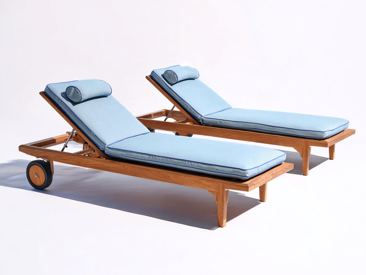 Tumbonas de madera 205x72x90 cm - Madera natural azul claro azul oscuro y negro - Juego de 2 unidades con respaldo reclinable y ruedas
