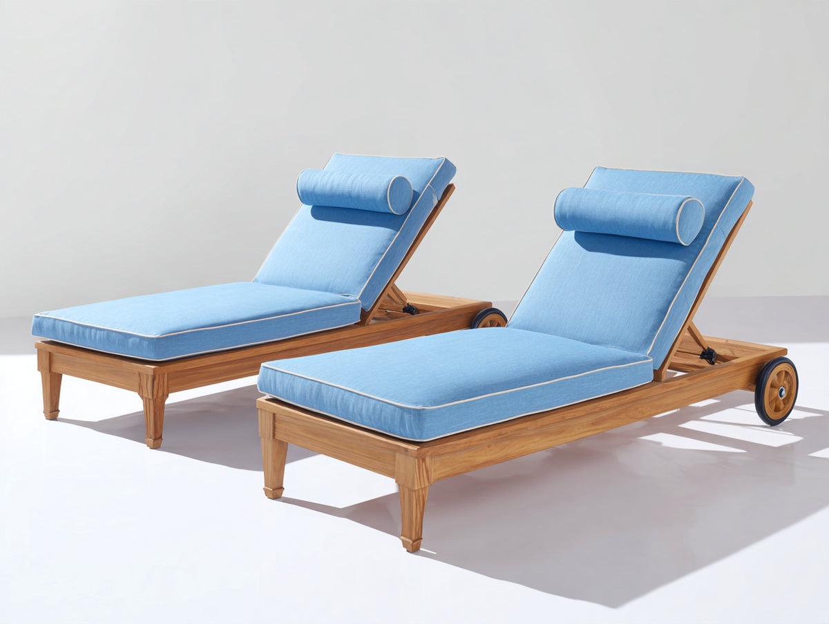 Tumbonas de madera 200 x 75 x 95 cm - Madera natural y azul claro - Respaldo reclinable con ruedas y colchón acolchado