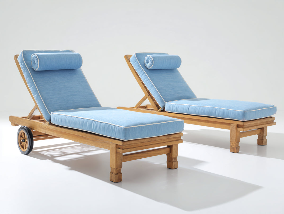 Tumbonas de madera 200x70x95 cm - Madera natural y azul claro - Conjunto de 2 unidades con respaldo reclinable y ruedas