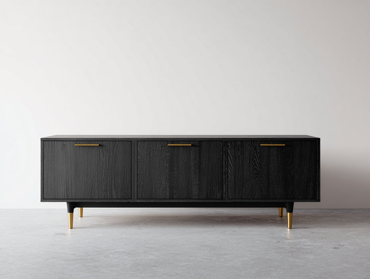 Mueble recibidor de madera 160 x 42 x 75 cm - Negro y dorado - 3 puertas y diseño elevado