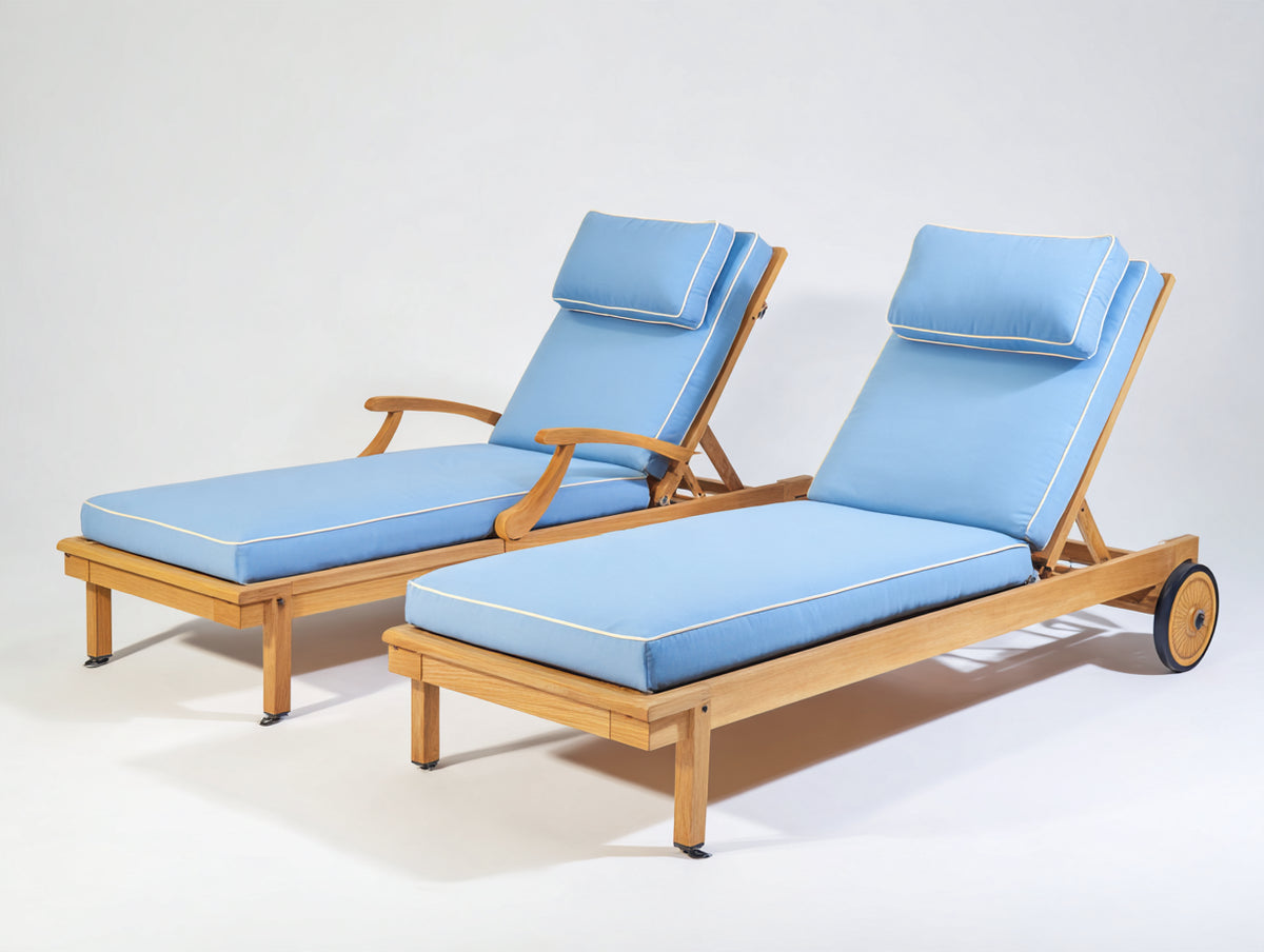 Tumbonas de madera 205 x 78 x 98 cm - Madera natural y azul claro - Respaldo reclinable con reposabrazos ruedas y acolchado