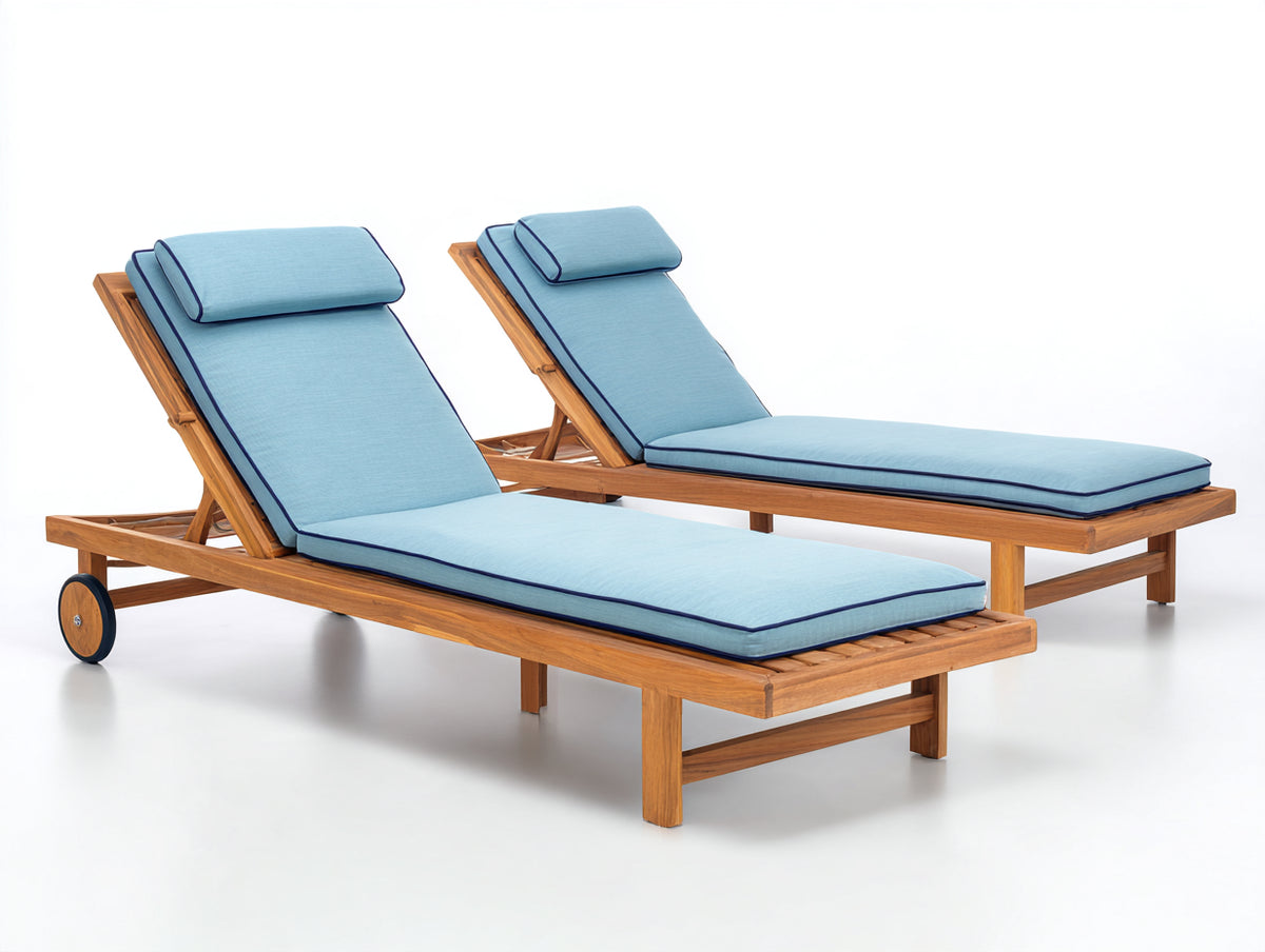 Tumbonas de jardín de madera set de 2 200 x 75 x 95 cm - marrón natural y azul claro - respaldo reclinable con ruedas