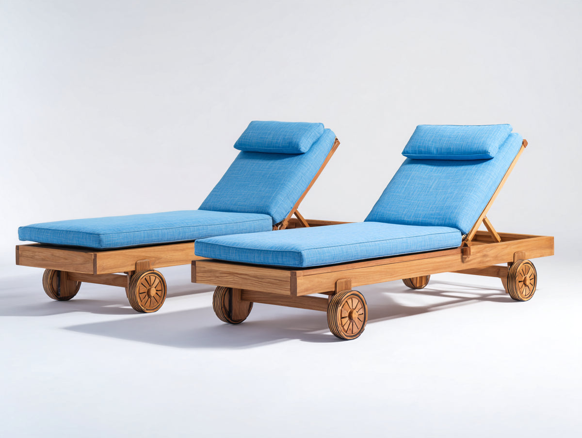 Tumbonas de madera 200 x 75 x 95 cm - Madera natural y azul - Respaldo reclinable con ruedas y acolchado