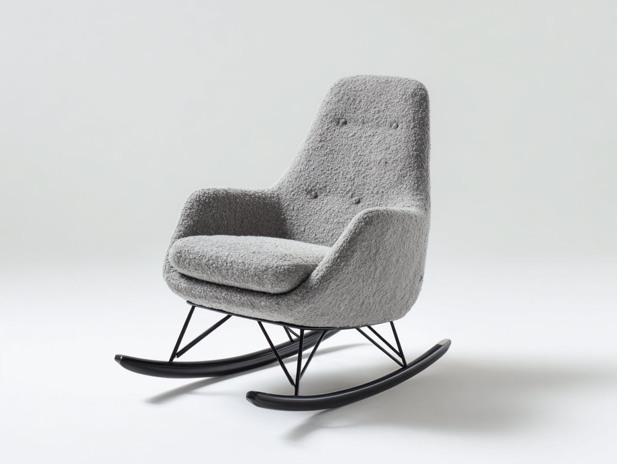 Mecedora tapizada de tejido rizado 78x92x104 cm - Gris claro y negro - Respaldo alto con base de balancín metálica