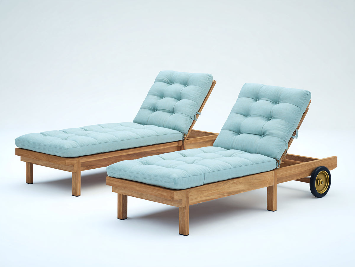 Tumbonas de madera 205 x 75 x 95 cm - natural y azul claro - diseño reclinable con ruedas y acolchado capitoné