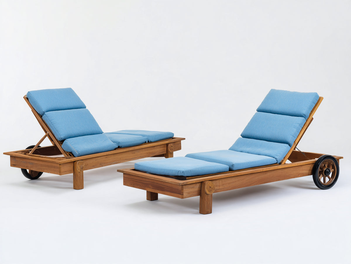 Tumbonas de madera 205x75x92 cm - Madera natural azul claro y negro - Juego de 2 unidades con respaldo reclinable y ruedas