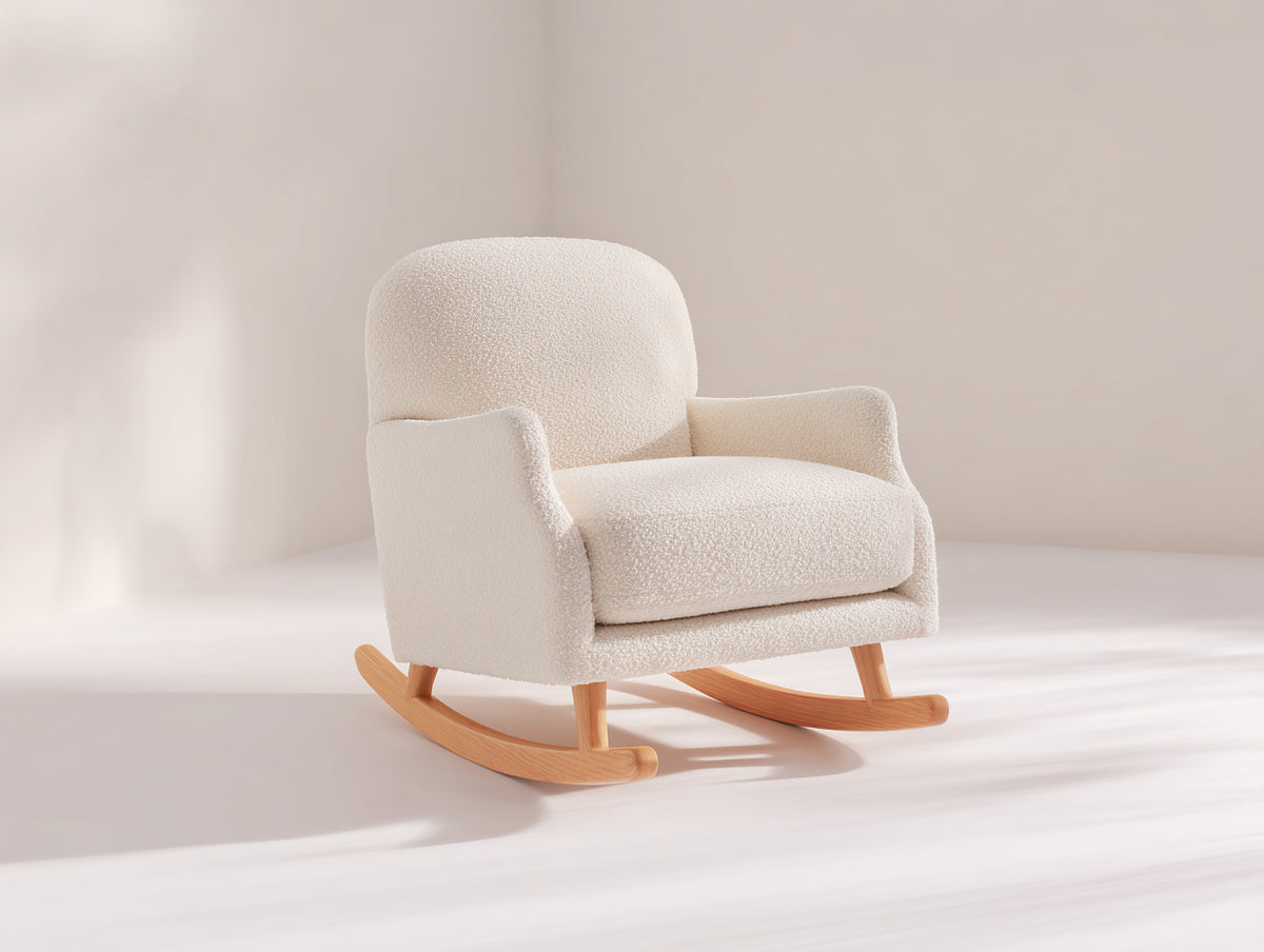 Mecedora tapizada 78x92x96 cm - beige y marrón claro - respaldo alto con reposabrazos y patines curvos de madera - diseño moderno para salón y dormitorio