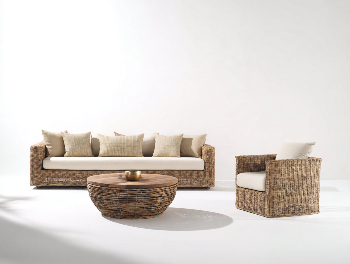 Sofás de exterior de ratán trenzado 220 x 85 x 75 cm - marrón natural y crema - conjunto con sillón y mesa de centro redonda