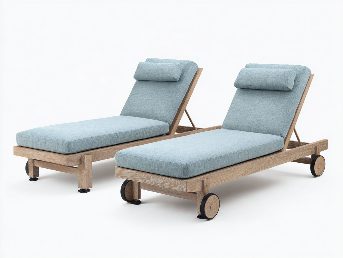 Tumbonas de madera 205x75x90 cm - Madera natural envejecida azul claro y negro - Juego de 2 unidades con respaldo reclinable y ruedas