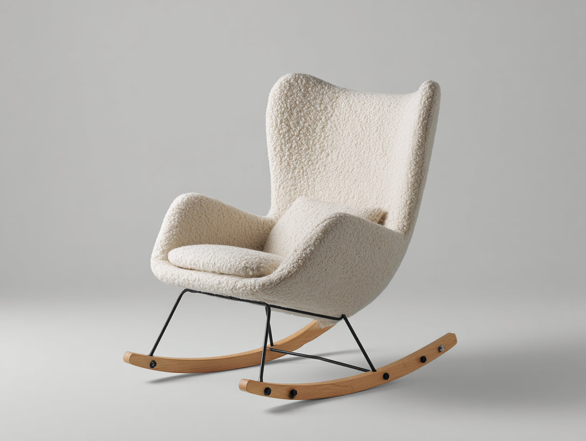 Mecedora tapizada en tejido bouclé 80 x 95 x 108 cm - crema natural y negro - diseño moderno con respaldo alto y patines de madera