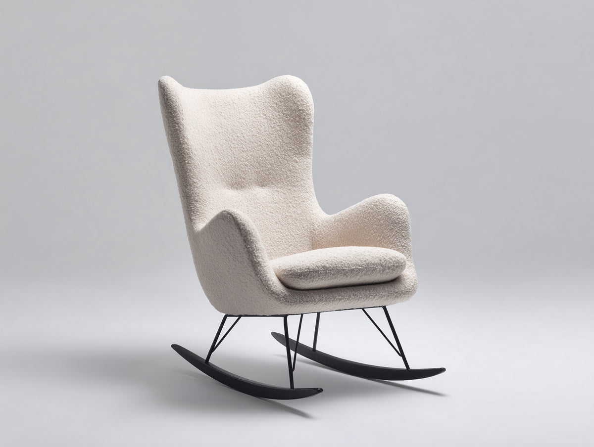 Mecedora tapizada en tejido bouclé 78 x 92 x 105 cm - crema y negro - diseño moderno con respaldo alto y patines curvos