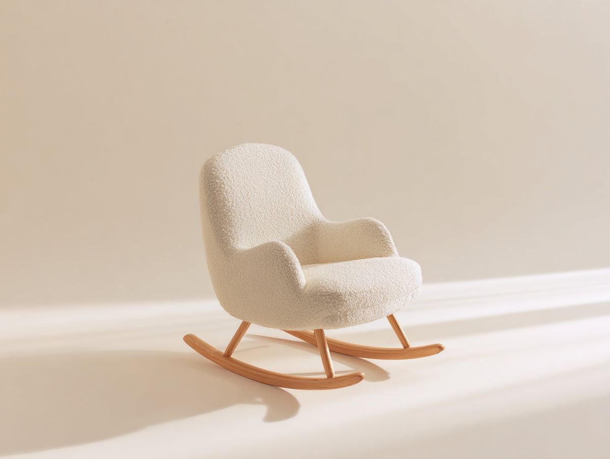 Mecedora tapizada 75 x 90 x 98 cm - crema y marrón natural - respaldo alto envolvente con base curva de madera