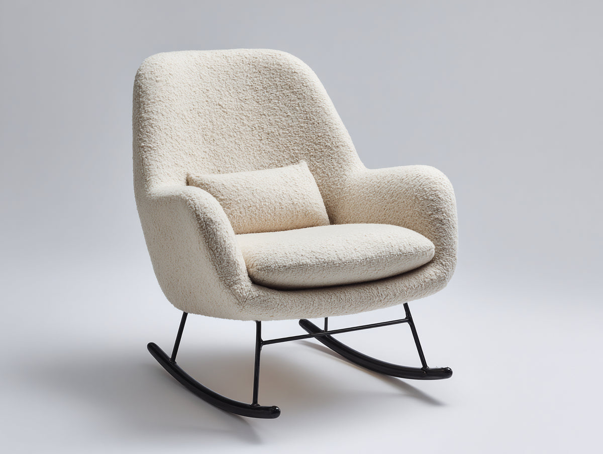Mecedora tapizada de tejido rizado 82x95x100 cm - Blanco crema y negro - Diseño envolvente con base de balancín metálica