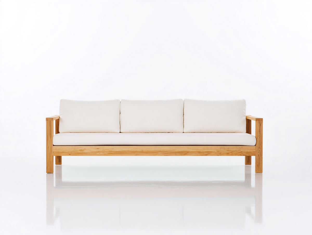Sofá de exterior de madera 210 x 82 x 78 cm - Madera natural y blanco roto - 3 plazas con reposabrazos rectos