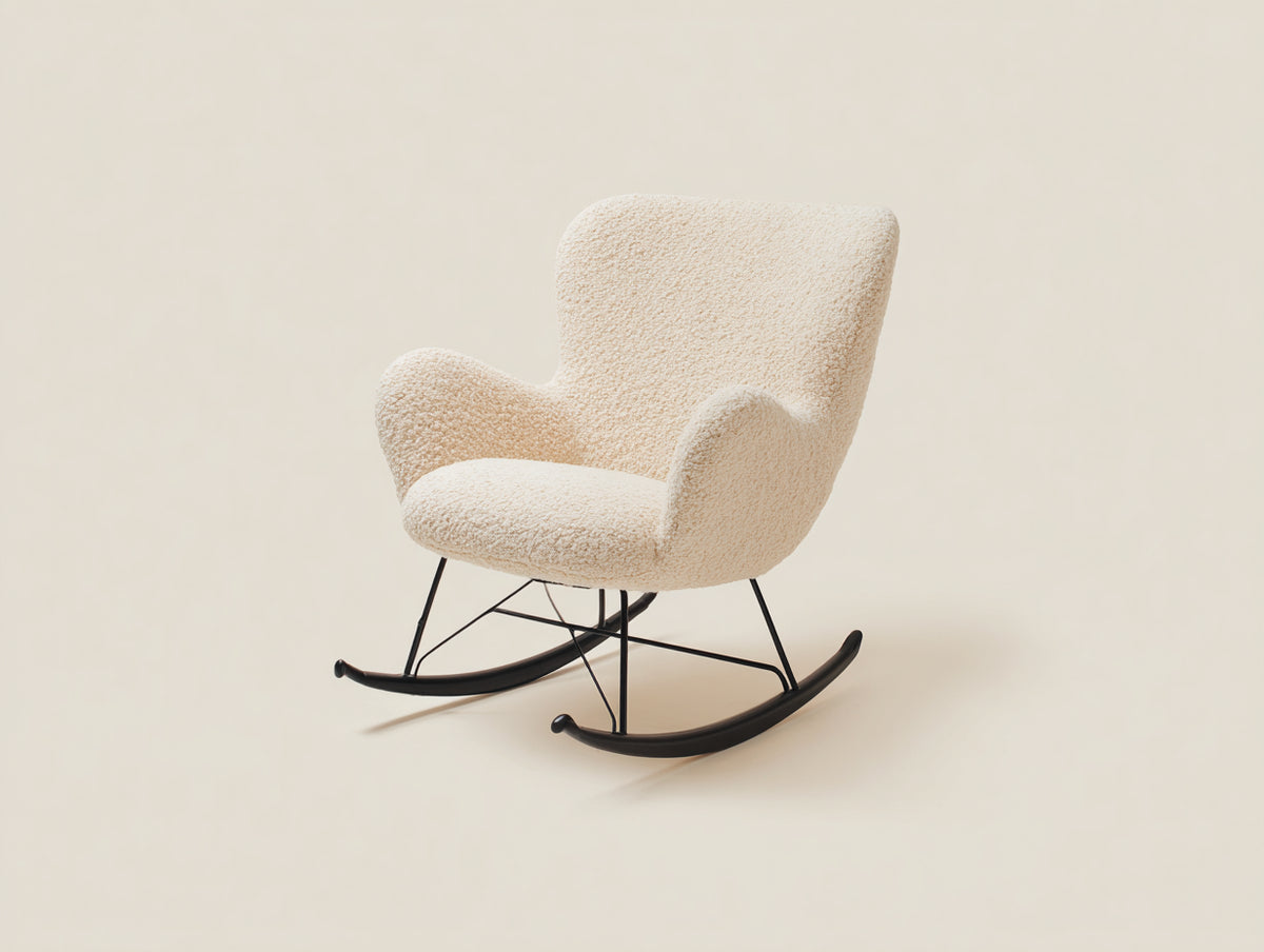 Mecedora tapizada 76 x 90 x 98 cm - crema y negro - respaldo alto envolvente con base curva metálica