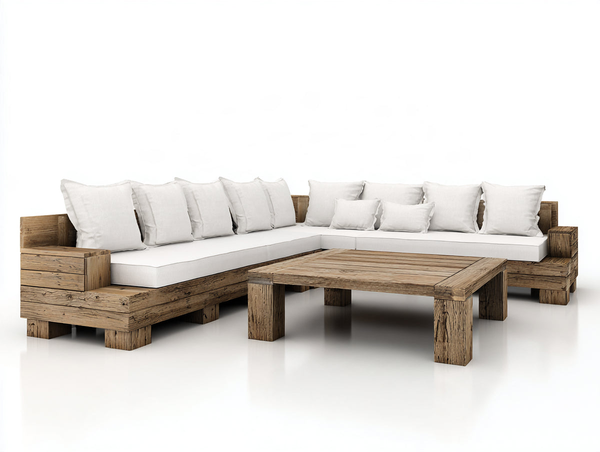 Sofás de exterior de madera 280 x 280 x 72 cm - natural y blanco - diseño esquinero rústico con mesa de centro