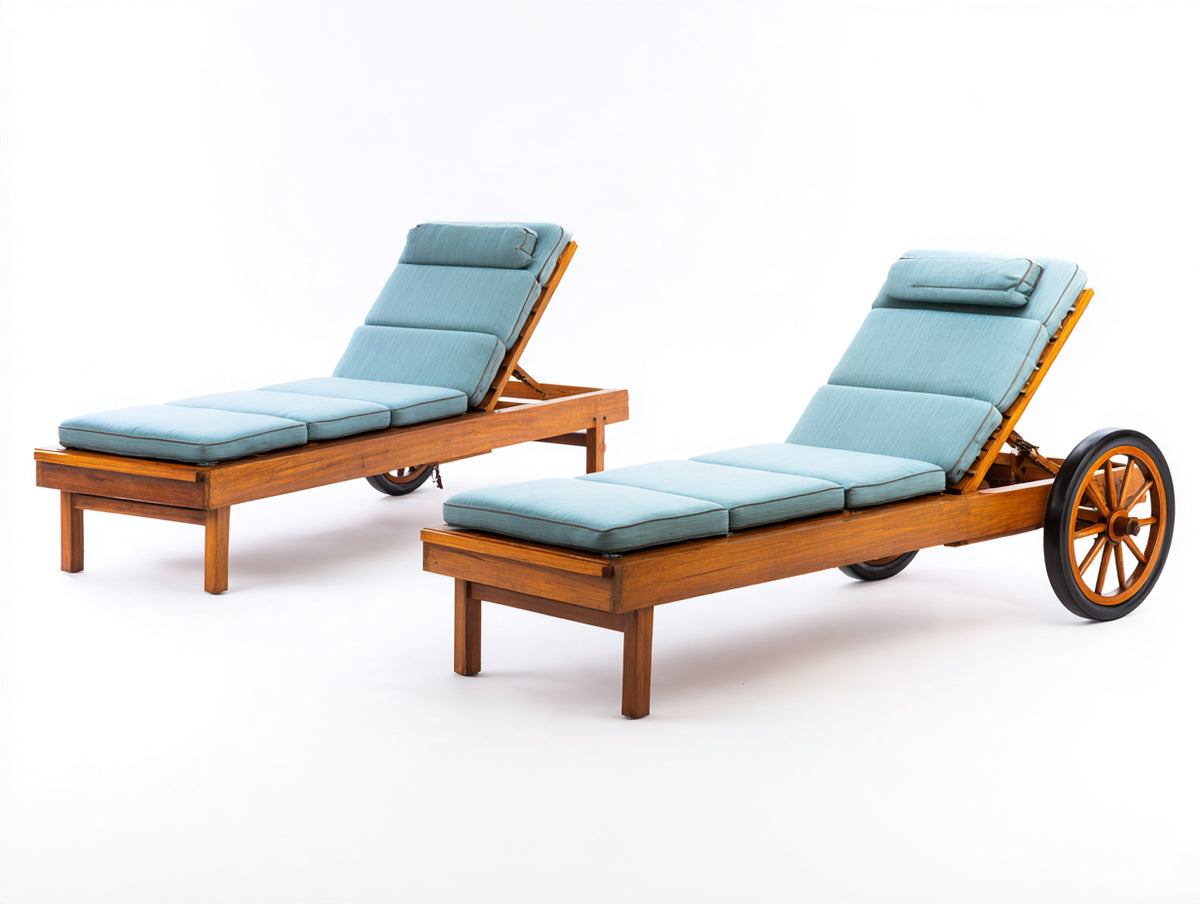 Tumbonas de madera 205 x 76 x 96 cm - Marrón natural y azul claro - Respaldo reclinable con ruedas grandes y acolchado segmentado