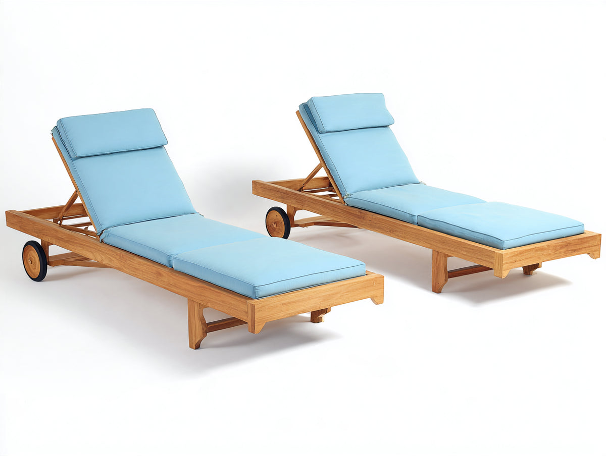 Tumbonas de madera 200x72x92 cm - marrón y azul claro - respaldo reclinable con ruedas y acolchado continuo - set de 2 para jardín y terraza