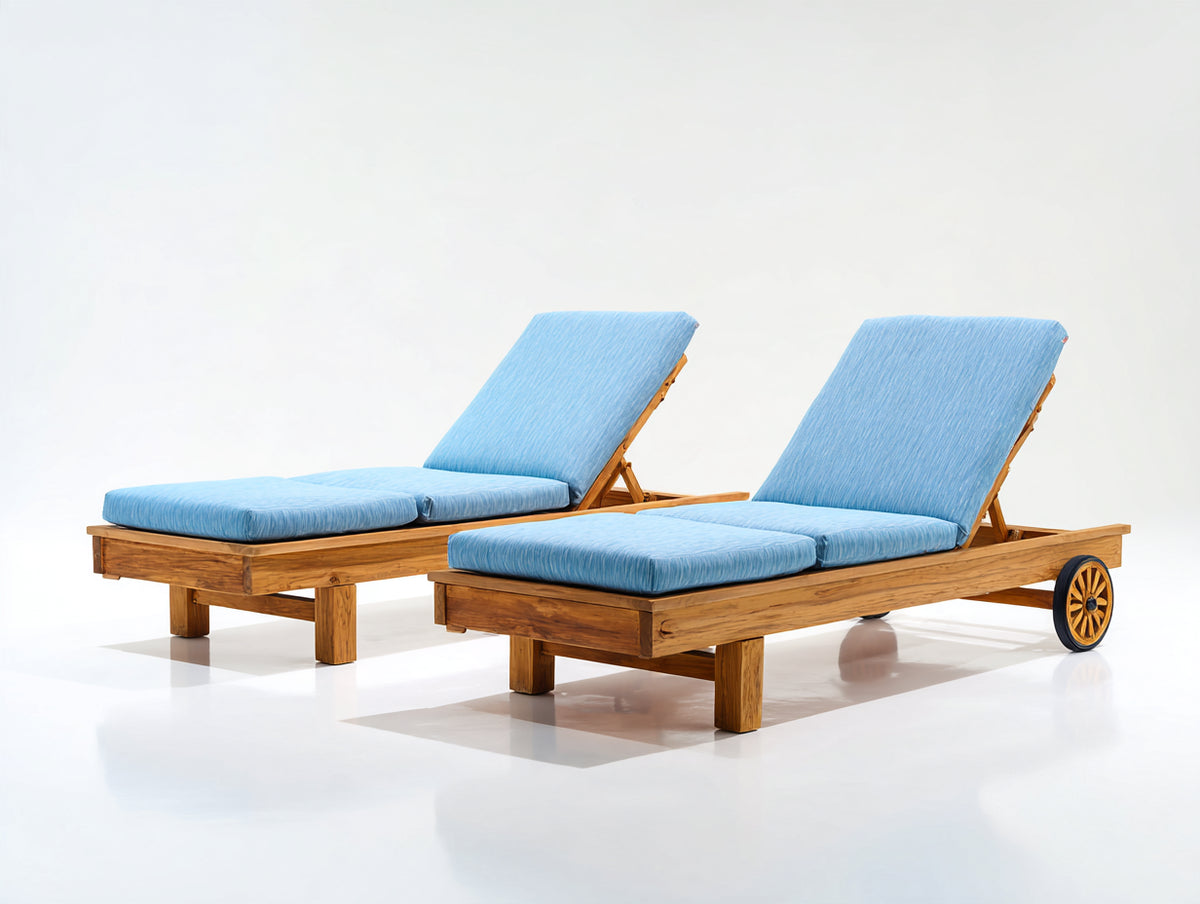 Tumbonas de madera 205 x 75 x 95 cm - natural y azul claro - diseño reclinable con ruedas y cojines acolchados