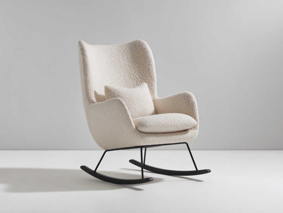 Mecedora 79 x 93 x 106 cm - Crema y negro - Tapizado de bouclé con respaldo alto y base curva