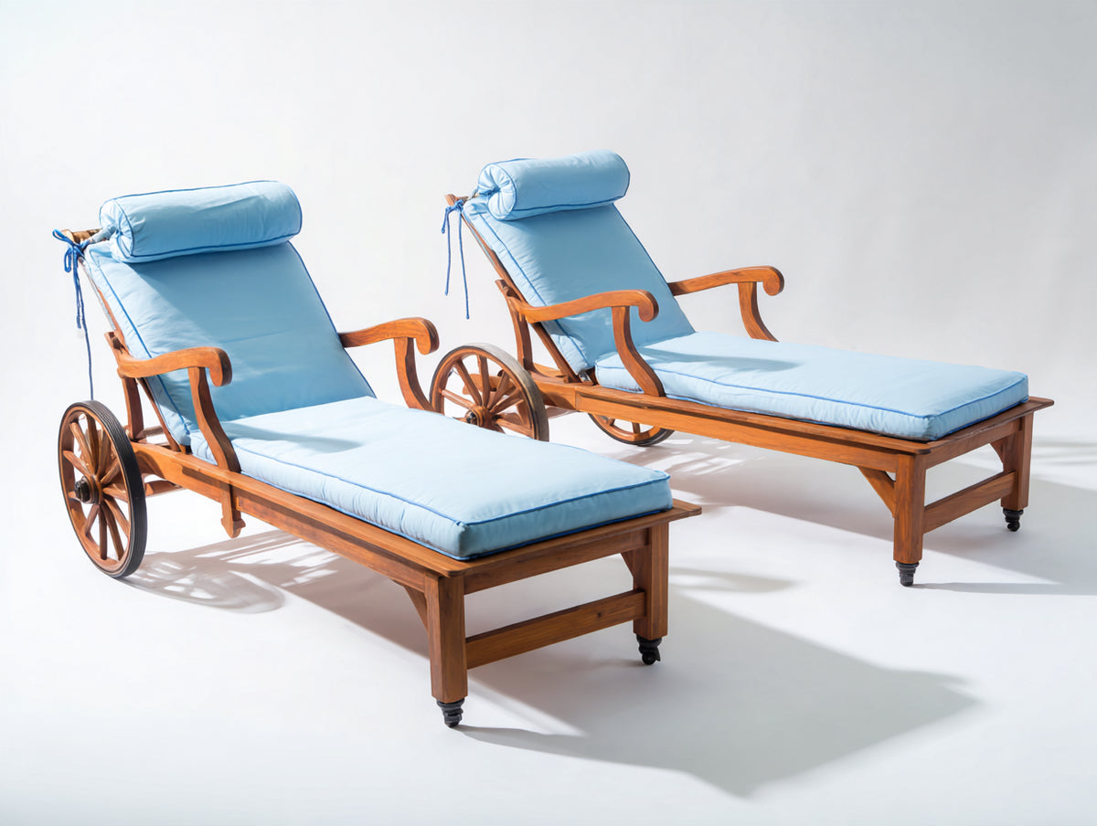 Tumbonas de madera 205 x 78 x 98 cm - Marrón natural y azul claro - Respaldo reclinable con reposabrazos ruedas y acolchado