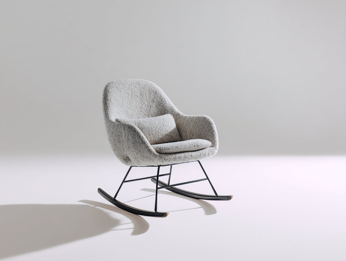 Mecedora tapizada en tejido bouclé 78 x 90 x 92 cm - gris claro y negro - diseño moderno con respaldo envolvente y patines curvos