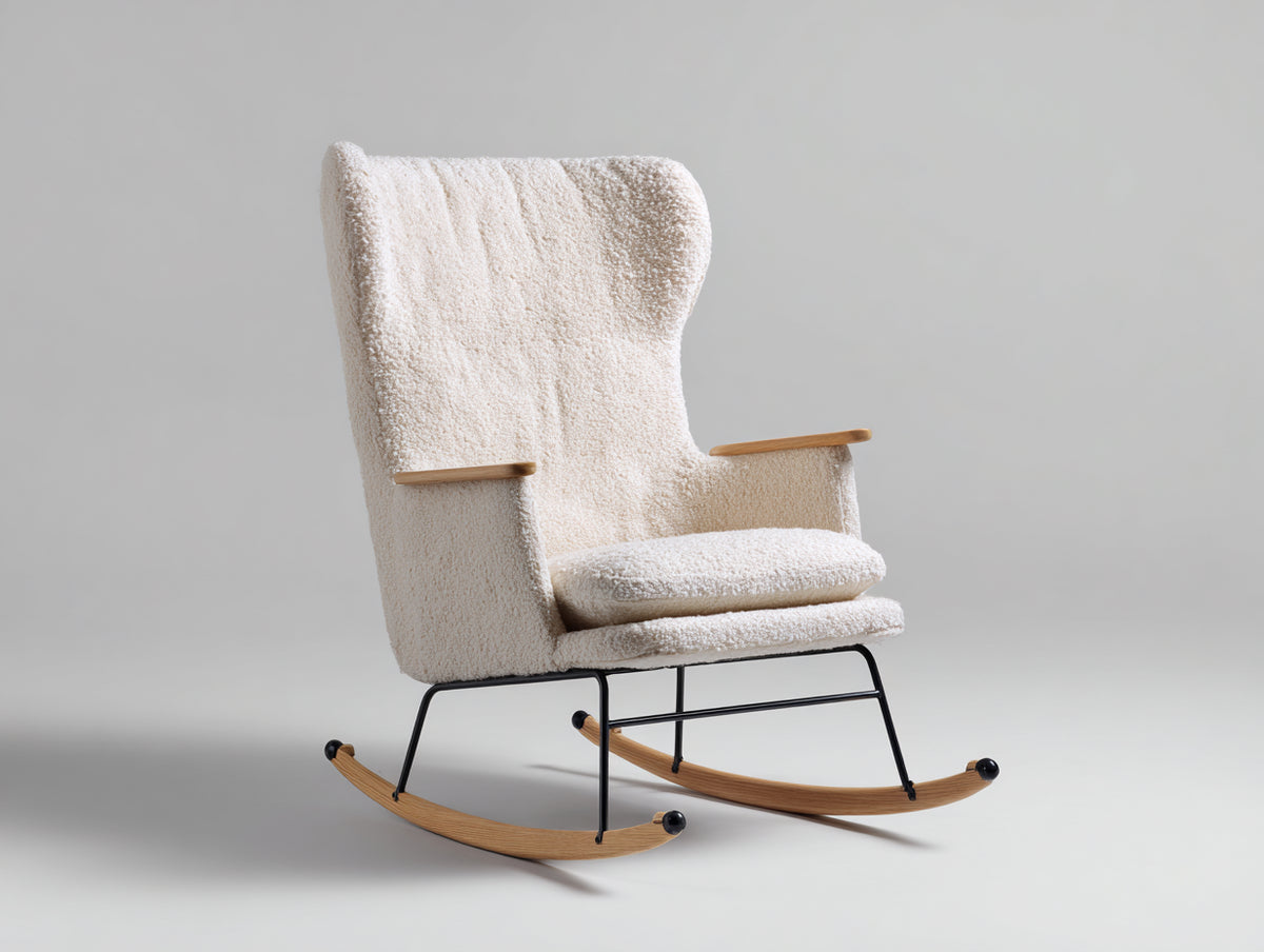 Mecedora tapizada 80x94x108 cm - beige y marrón claro - respaldo alto envolvente con reposabrazos de madera - diseño moderno para salón y dormitorio